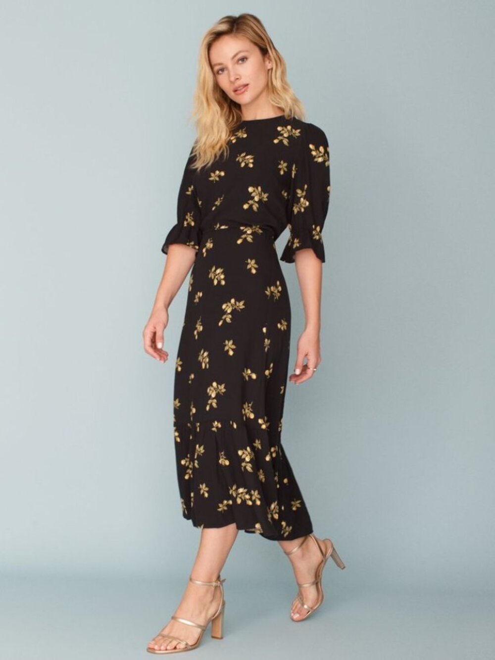 REFORMATION Jeans Mayfield Dress Mara Black Yellow Floral Ruffle Midi Dress XS